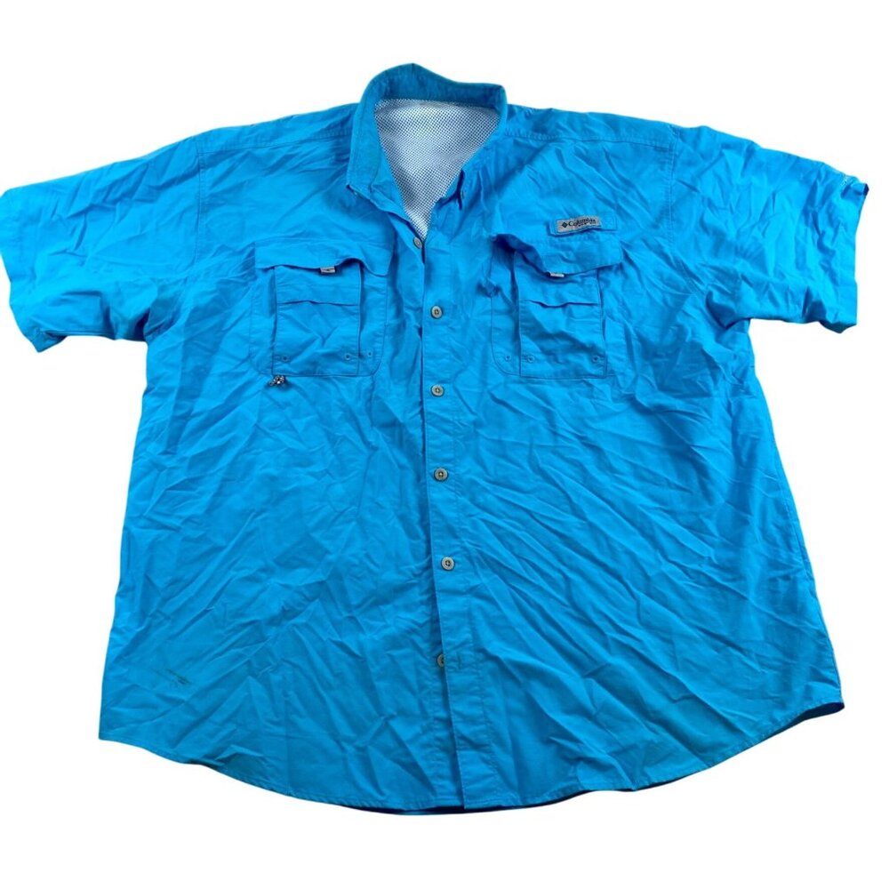 Columbia Men's Fishing Shirt Size XL PFG Blue Short Sleeve Caped Vented Camping